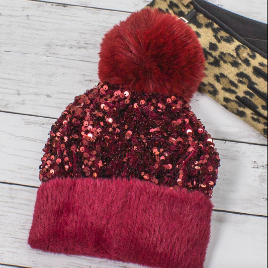 Sequin Fur Pom Fashion Beanie - Maroon