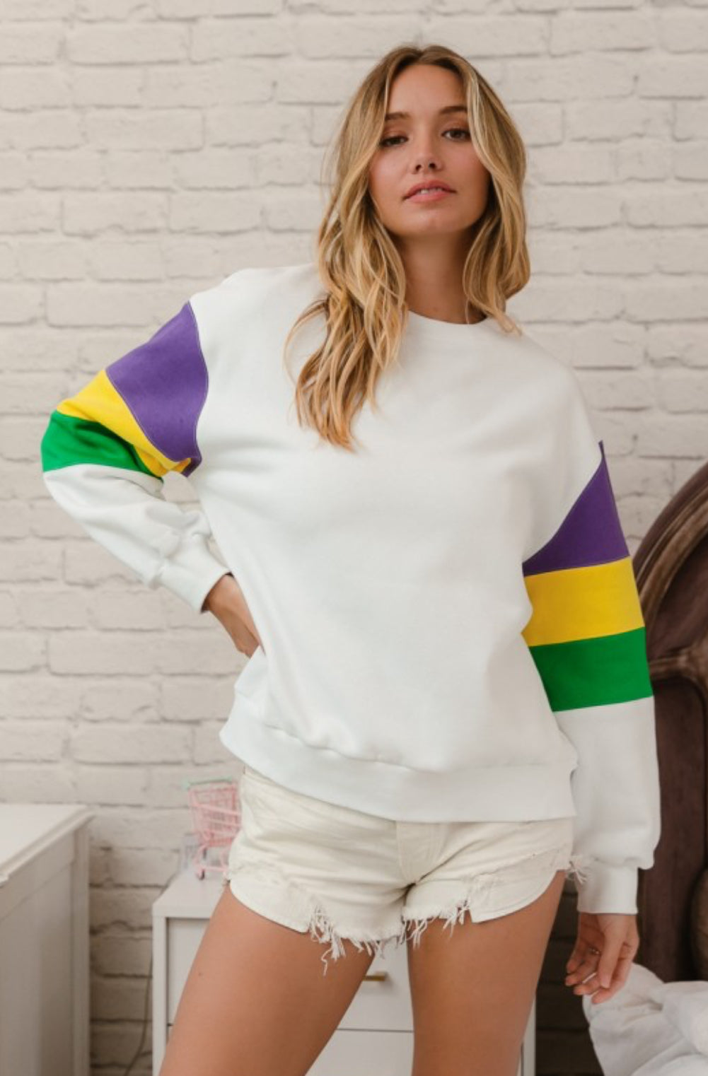 Mardi Gras White Color Block Sweatshirt