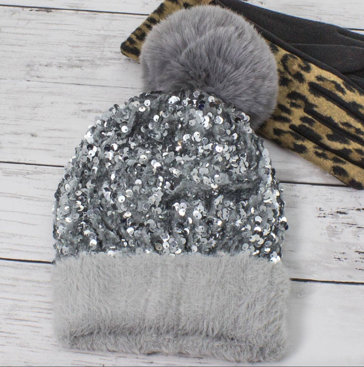 Sequin Fur Pom Fashion Beanie - Grey