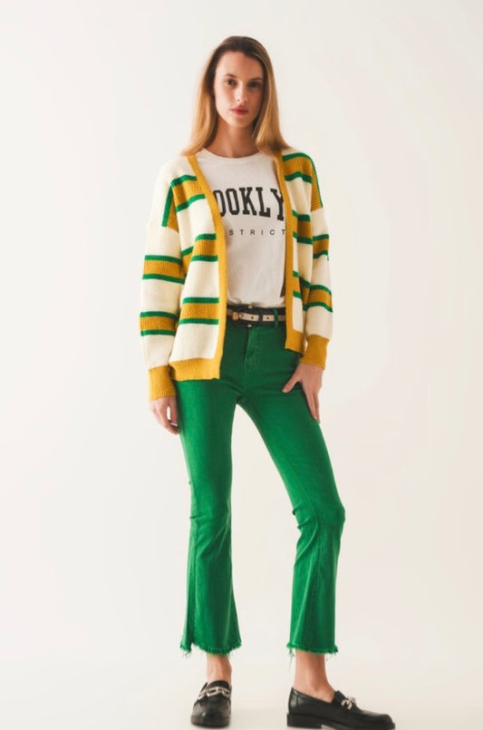 Green Q2 Flare Jeans with Raw Hem edge