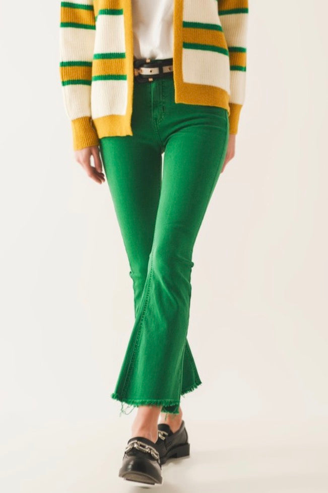 Green Q2 Flare Jeans with Raw Hem edge