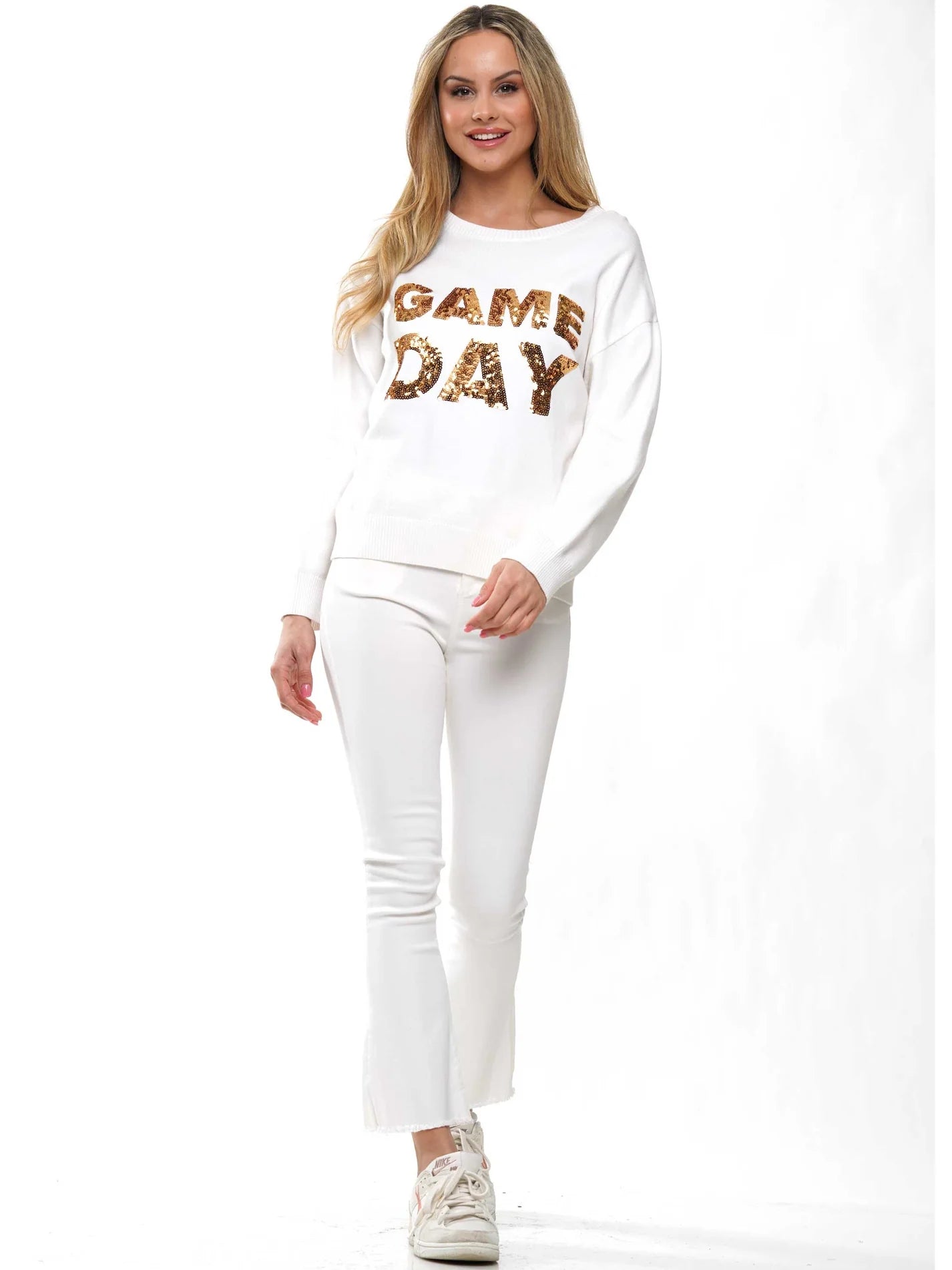White with Gold Game Day Sweater