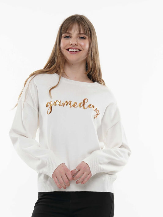 White with Gold Sequin Gameday Sweater