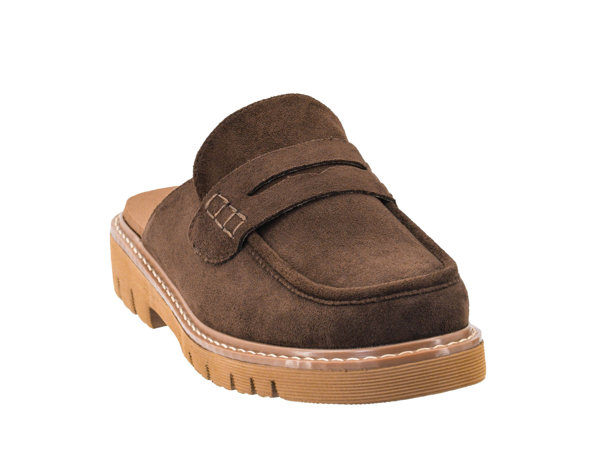 A single brown suede mule loafer with a thick tan lug sole, shown from a three-quarters angle on a white background.