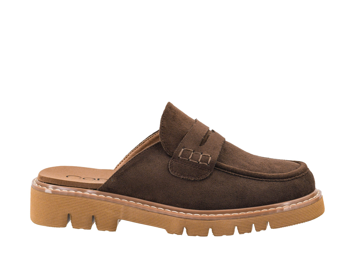 A brown suede mule slipper with a thick lug sole, shown in a side profile view against a plain white background.