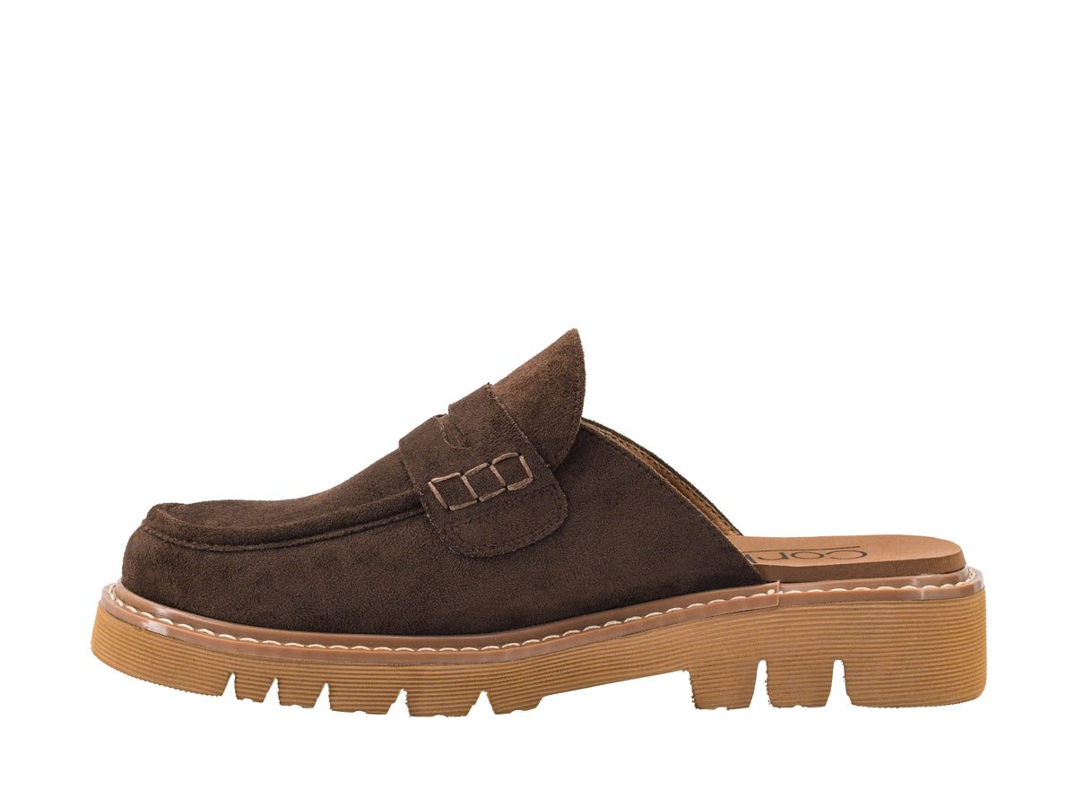 A single dark brown suede mule slipper with a chunky tan sole, shown in a side profile view against a plain white background.