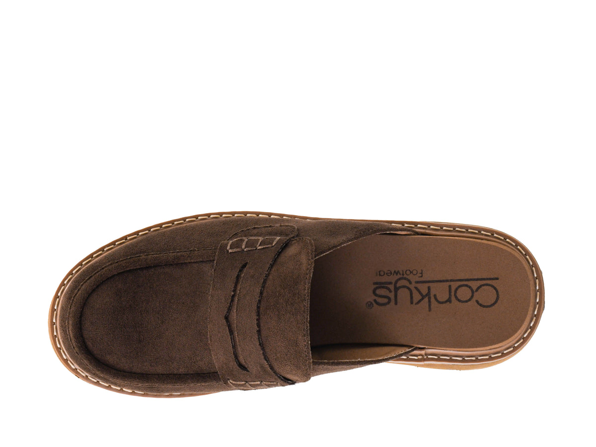 A single brown suede penny loafer slipper shown from a top-down view on a white background, with the brand name Corkus Footwear visible on the insole.