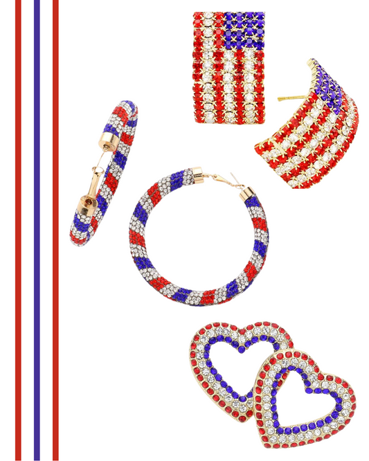 Patriotic Rhinestone Earrings -Various Styles - Hoops, Hearts, Flags