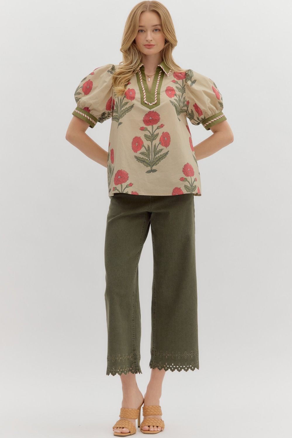 Ecru Floral Print bubble sleeve top