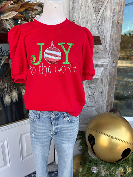 Joy Christmas Tree Puff Sleeve Round Neck Top