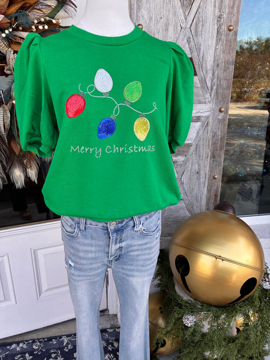 Christmas Lights Puff Sleeve Round Neck Top