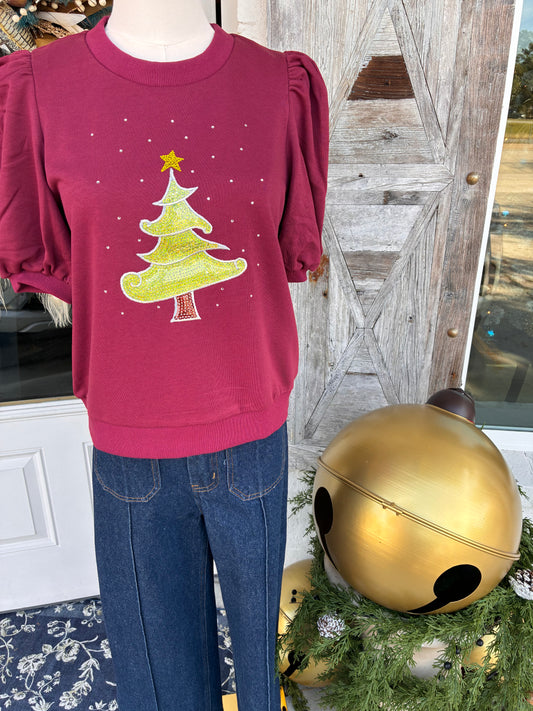 Christmas Tree Puff Sleeve Round Neck Top