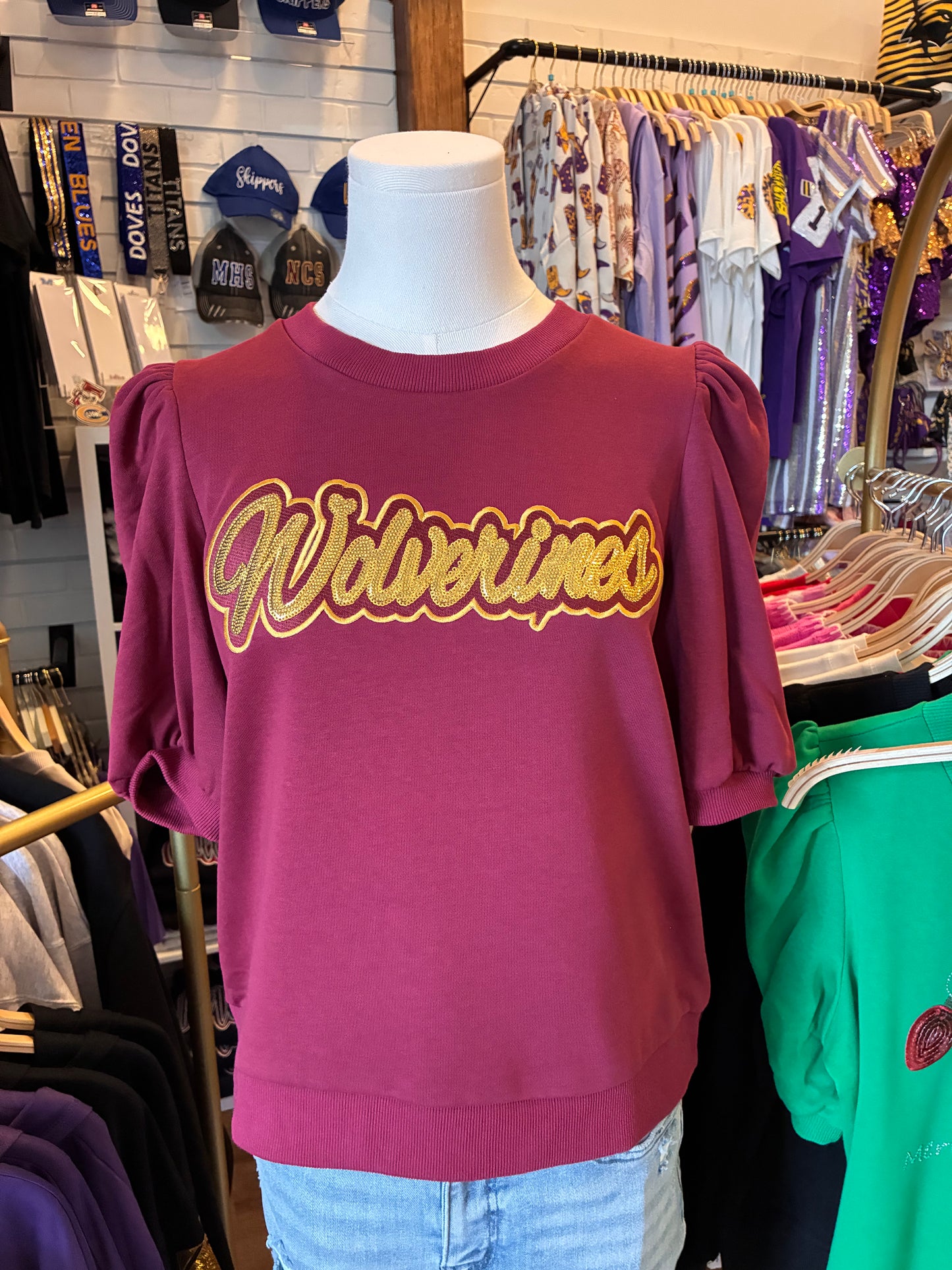 Wolverines Burgundy Puff Sleeve Round Neck Top