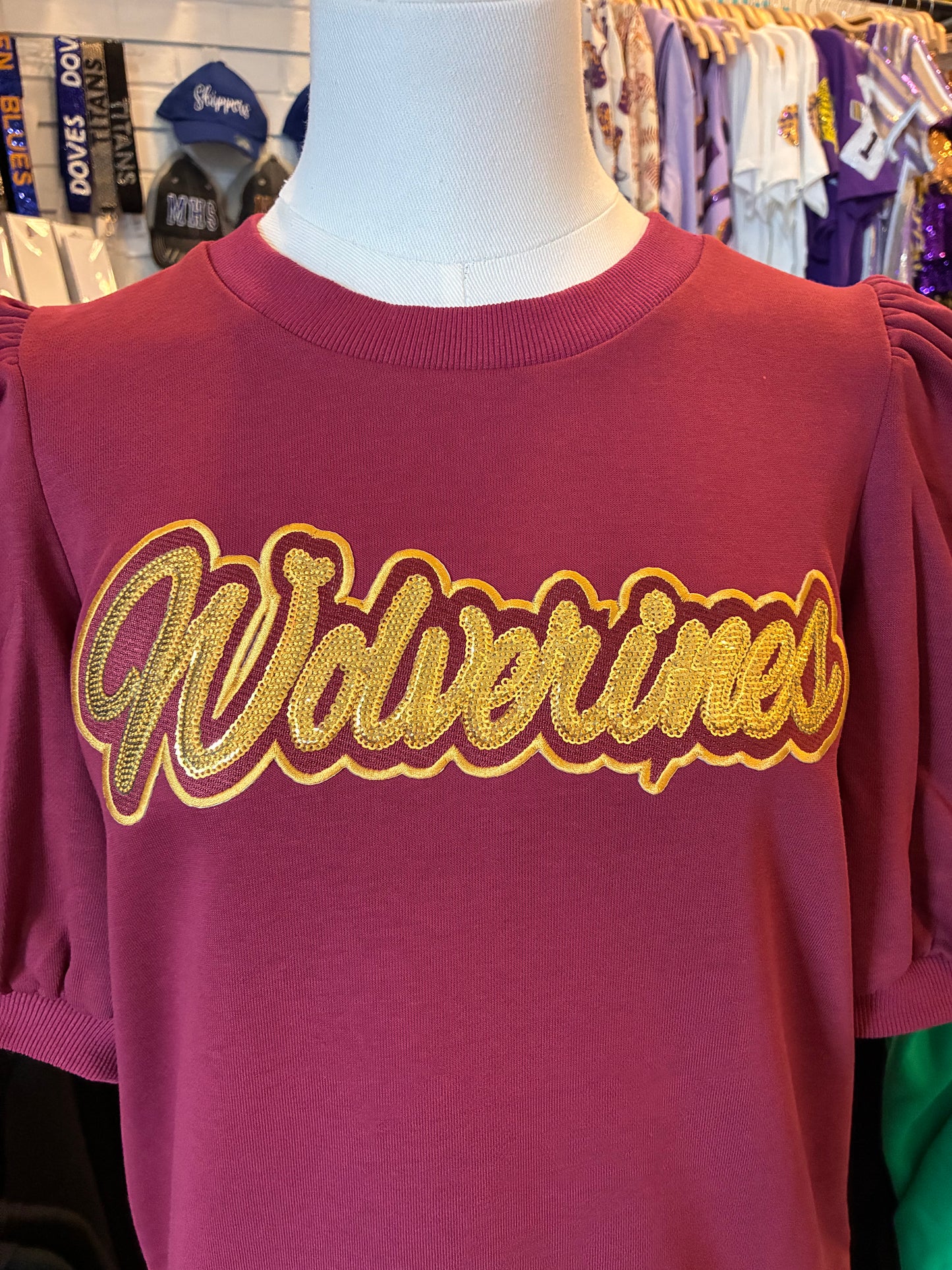 Wolverines Burgundy Puff Sleeve Round Neck Top