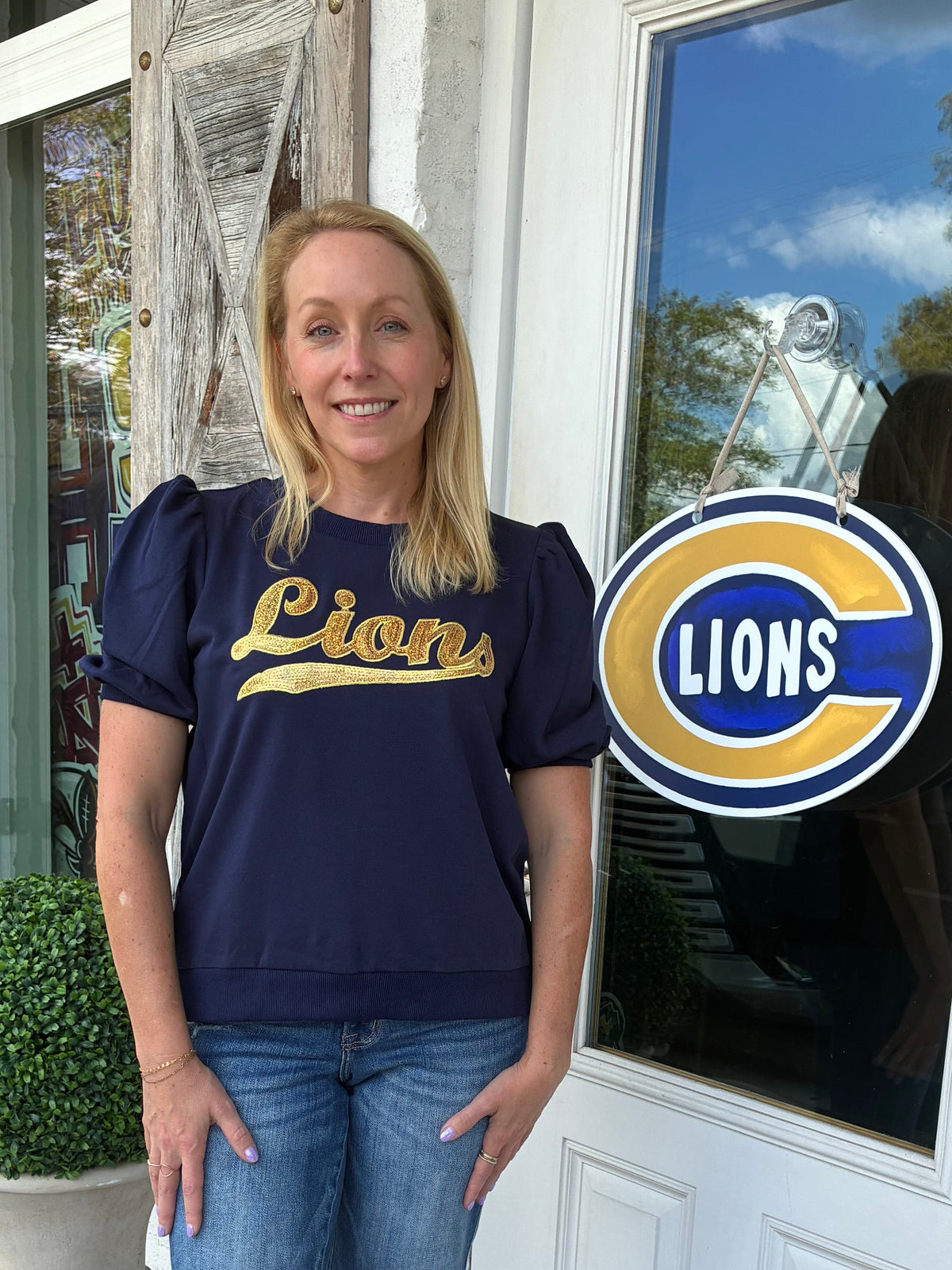 Navy Lions Sequin Puff Sleeve Top