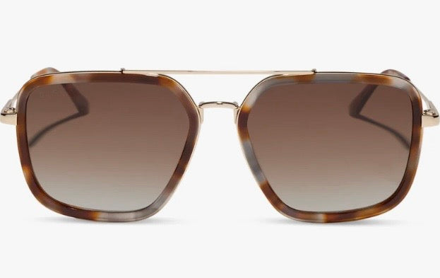 A pair of oversized square aviator-style sunglasses with a tortoise shell patterned frame and gradient brown lenses, featuring a thin gold metal bridge and temples.