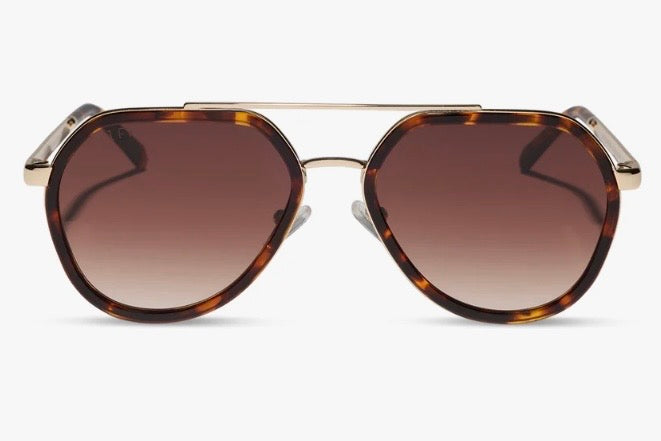 A pair of aviator-style sunglasses with a tortoiseshell frame and gradient brown lenses, featuring a thin gold metal bridge and temples, shown against a plain white background.