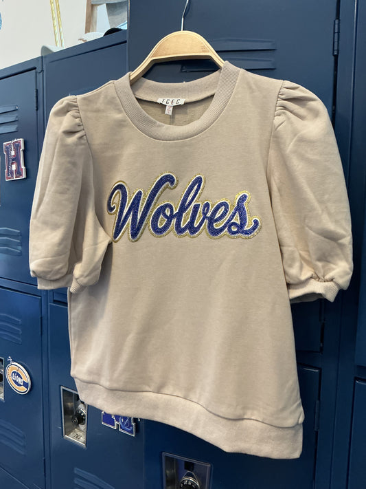 Beige puff sleeve sweatshirt top with navy sequin Wolves script