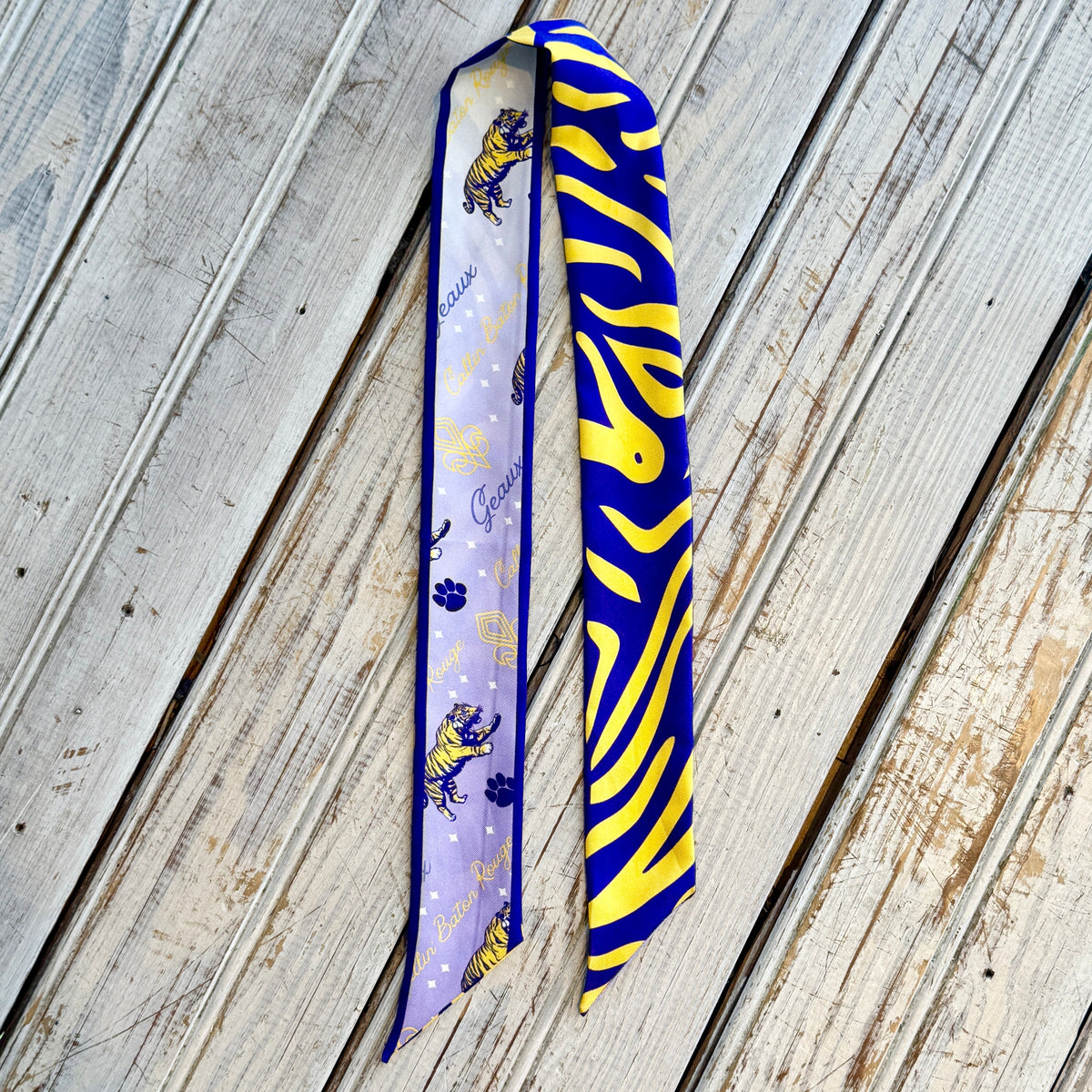 Purple and gold tiger stripe silk twilly scarf with lavender Geaux tiger print reverse
