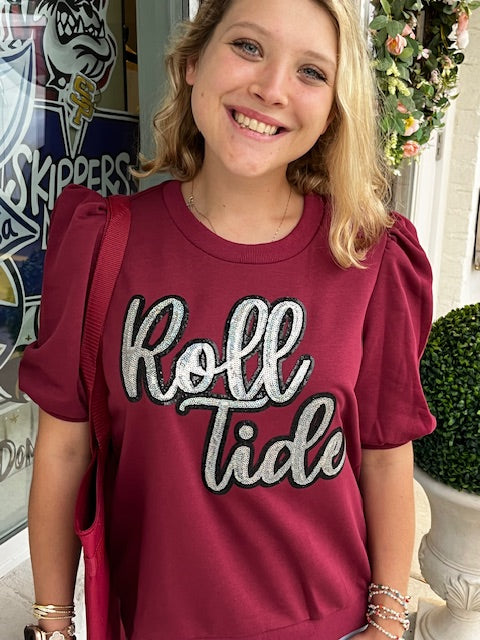 Roll Tide  Puff Sleeve Round Neck Top