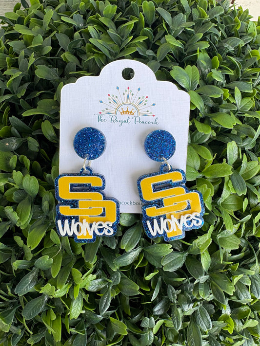 Wolves Dangle Earring in blue, yellow and white