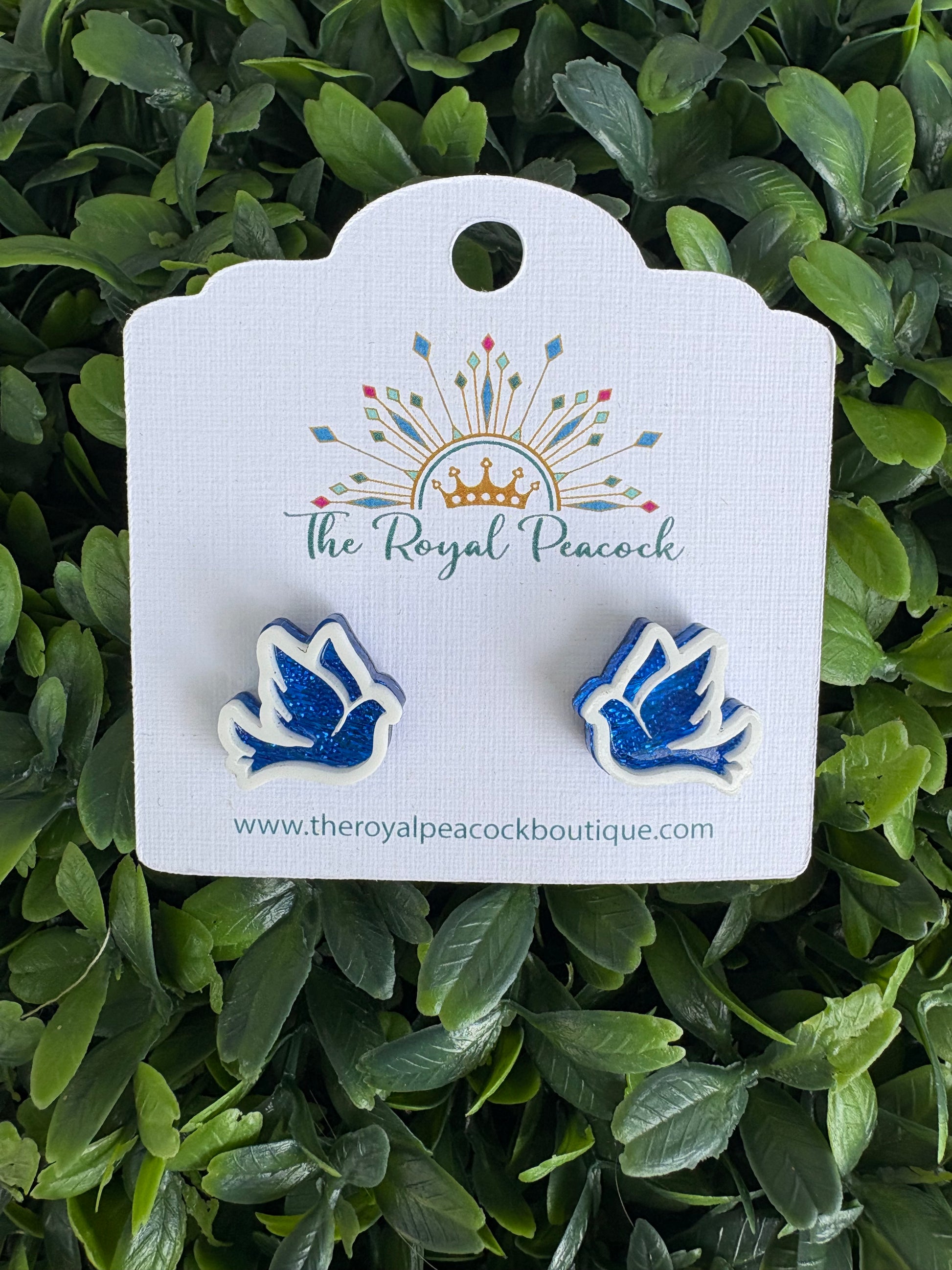 blue glitter dove stud earring with white outline