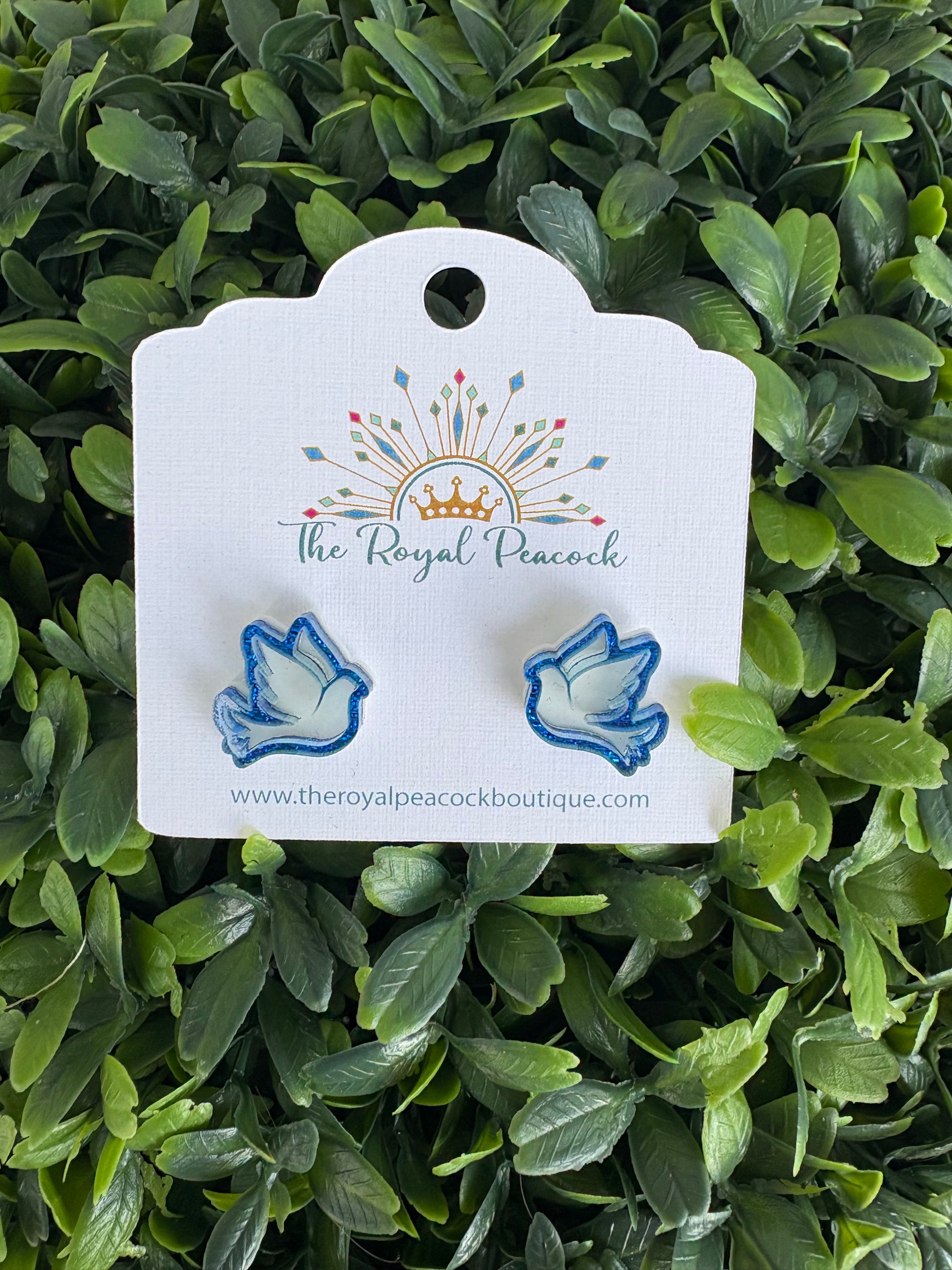 White Dove with blue outline stud earrings