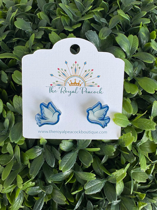 White Dove with blue outline stud earrings