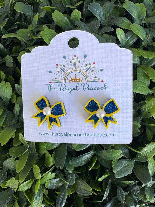 blue bow stud earring with yellow outline and pearl center