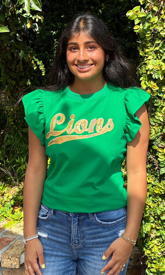 Lions Sequins  Green Flutter Top