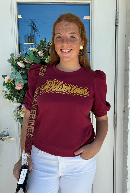 Wolverines Burgundy Puff Sleeve Round Neck Top