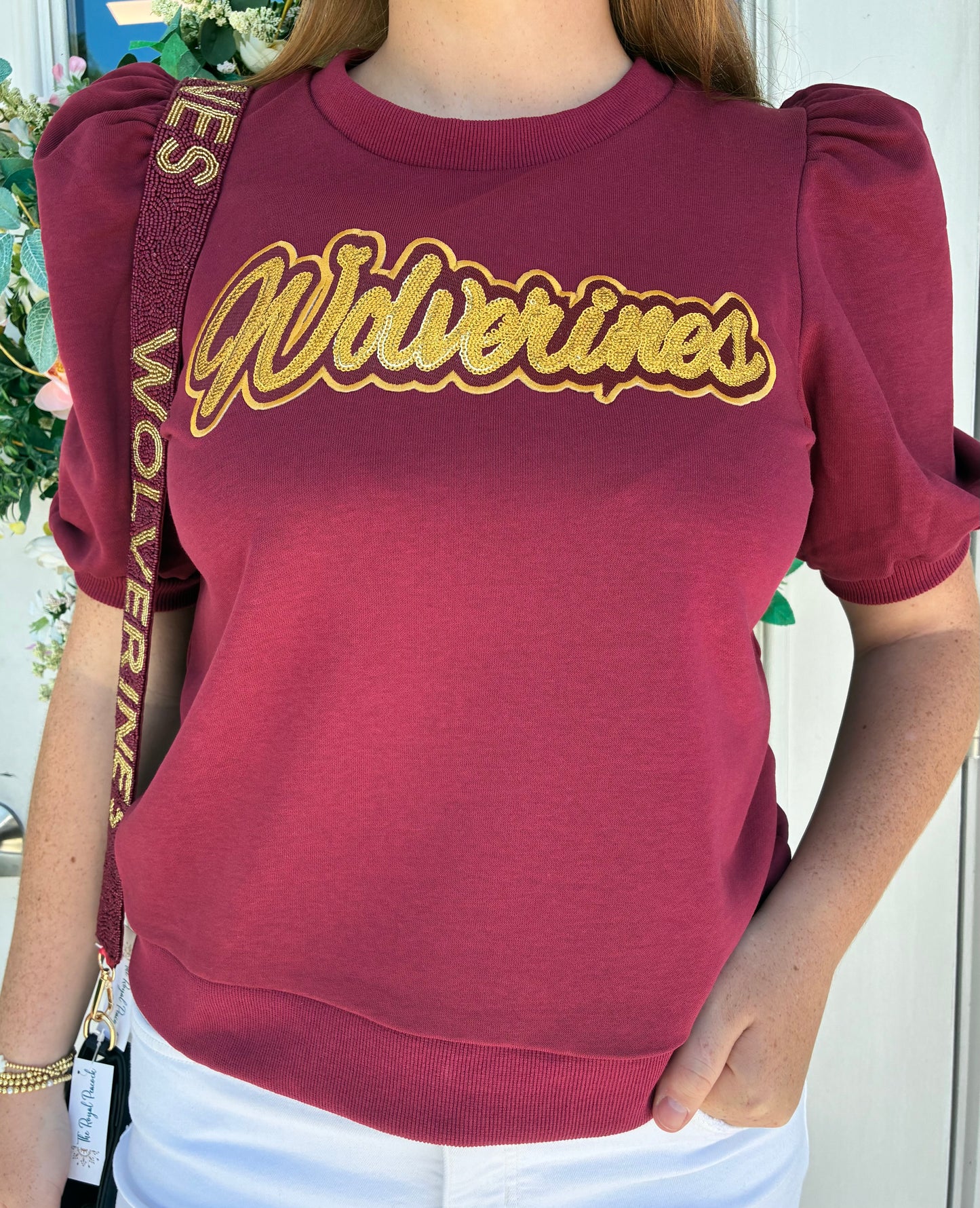 Wolverines Burgundy Puff Sleeve Round Neck Top