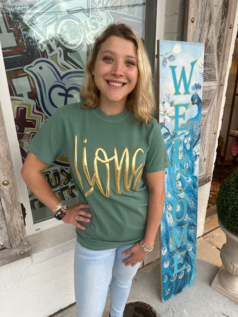 SLU Lions Jumbo Cursive Metallic Puff T shirt