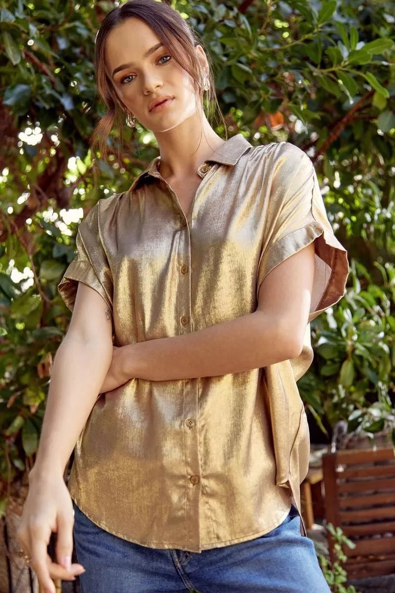Gold Metallic Button Up Top