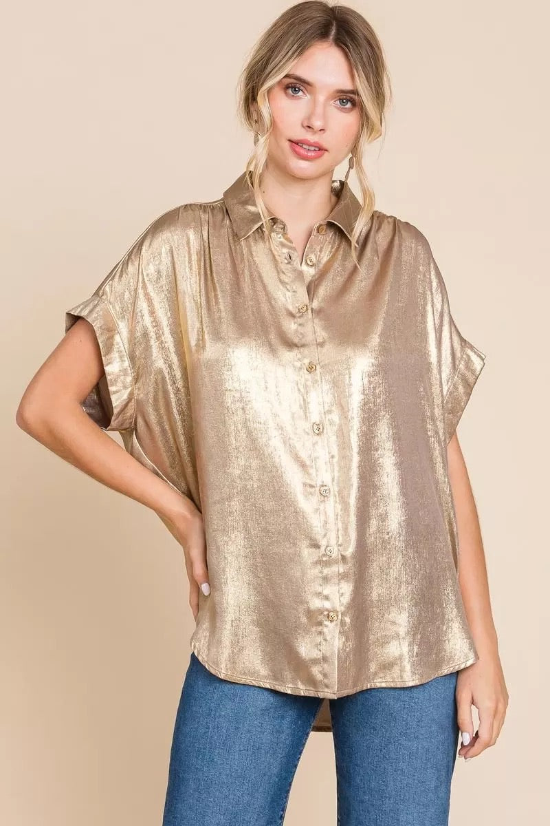 Gold Metallic Button Up Top