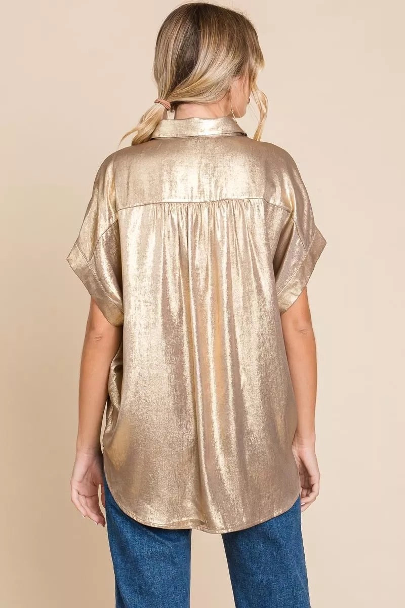 Gold Metallic Button Up Top