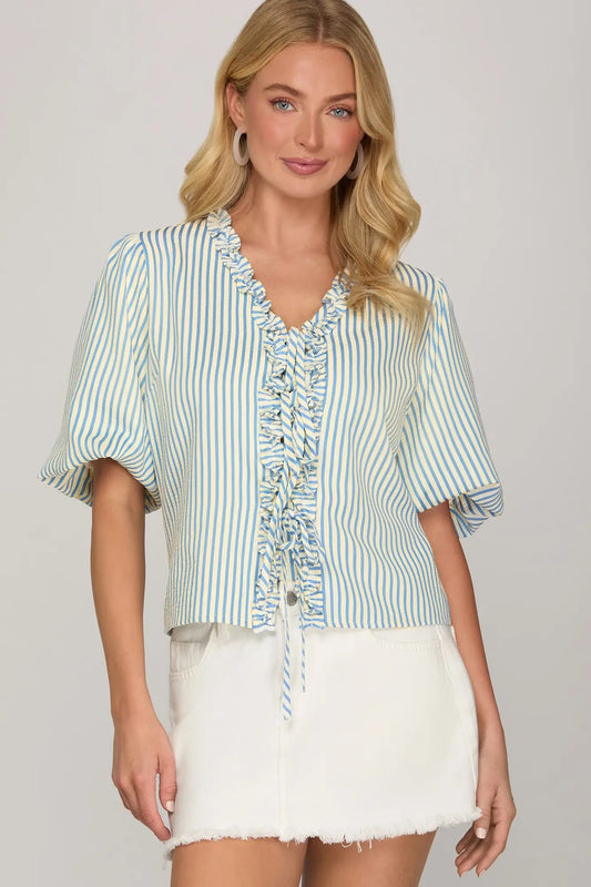 Margot Blue Stripe Ruffle Tie Top