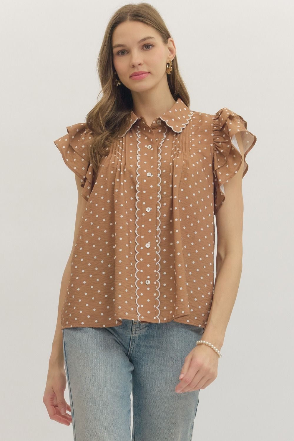 Mocha Frills Flutter Sleeve Top