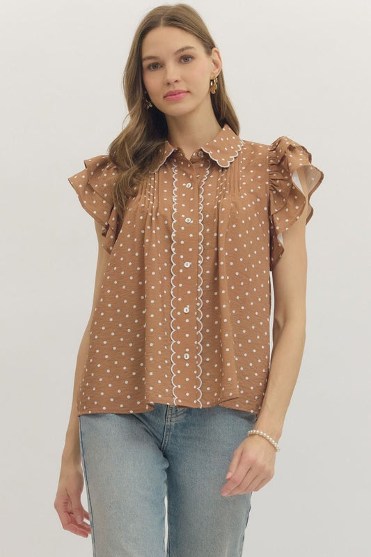Mocha Frills Flutter Sleeve Top