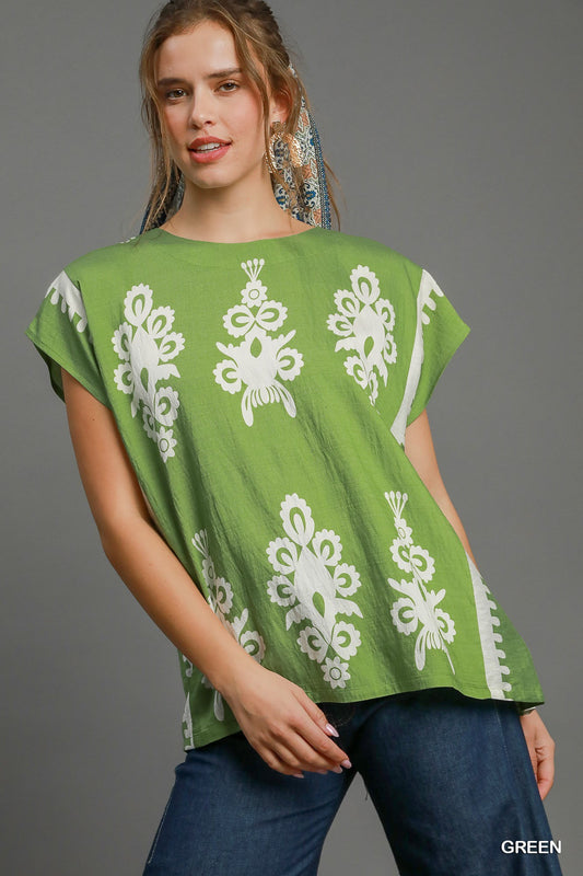 Green Poncho Style Border Top - Curvy Collection