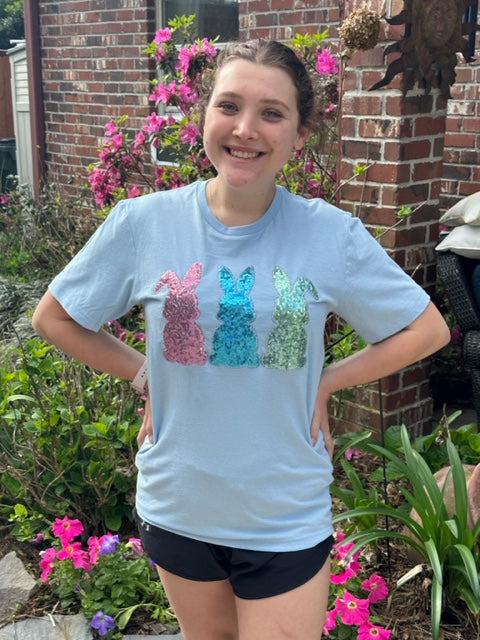 PRE ORDER :  Easter Bunny Trio Handmade Sequin Short Sleeve T