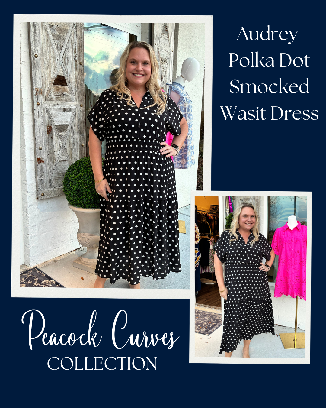 Audrey Polka Dot Smocked Waist Dress -Peacock Curves