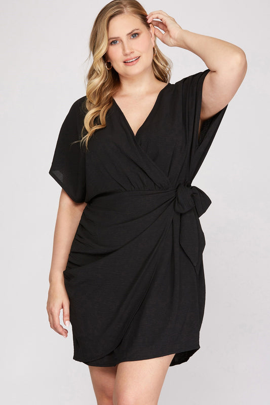 CURVY - DOLMAN SLEEVE SURPLICE WOVEN DRESS WITH SIDE TIE