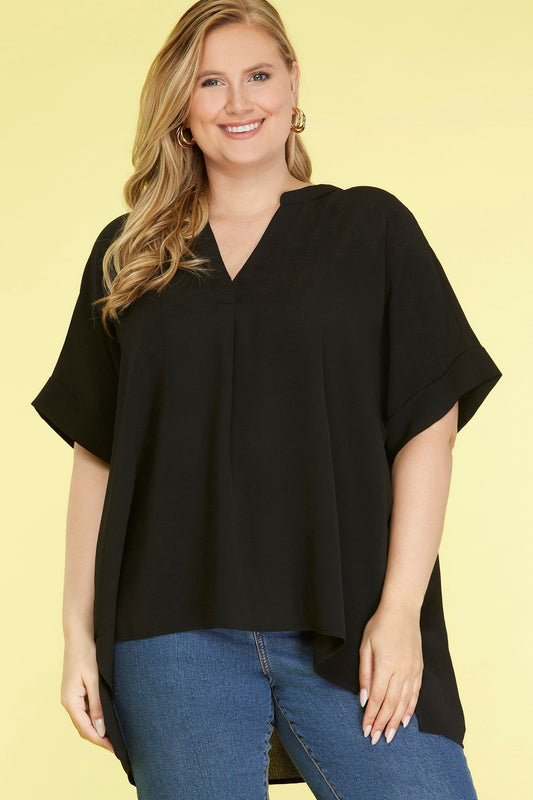 Curvy - Drop Shoulder V Neck Woven Top