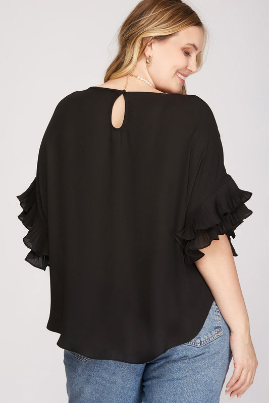 Black Pleated Ruffle Sleeve Top