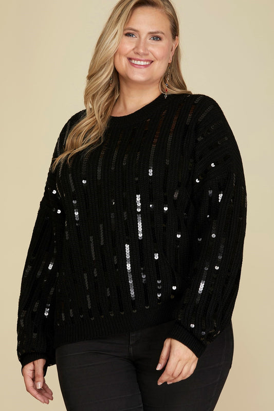 Curvy / Plus Long Sleeve Sequin Crew Neck Sequin Sweater - Black