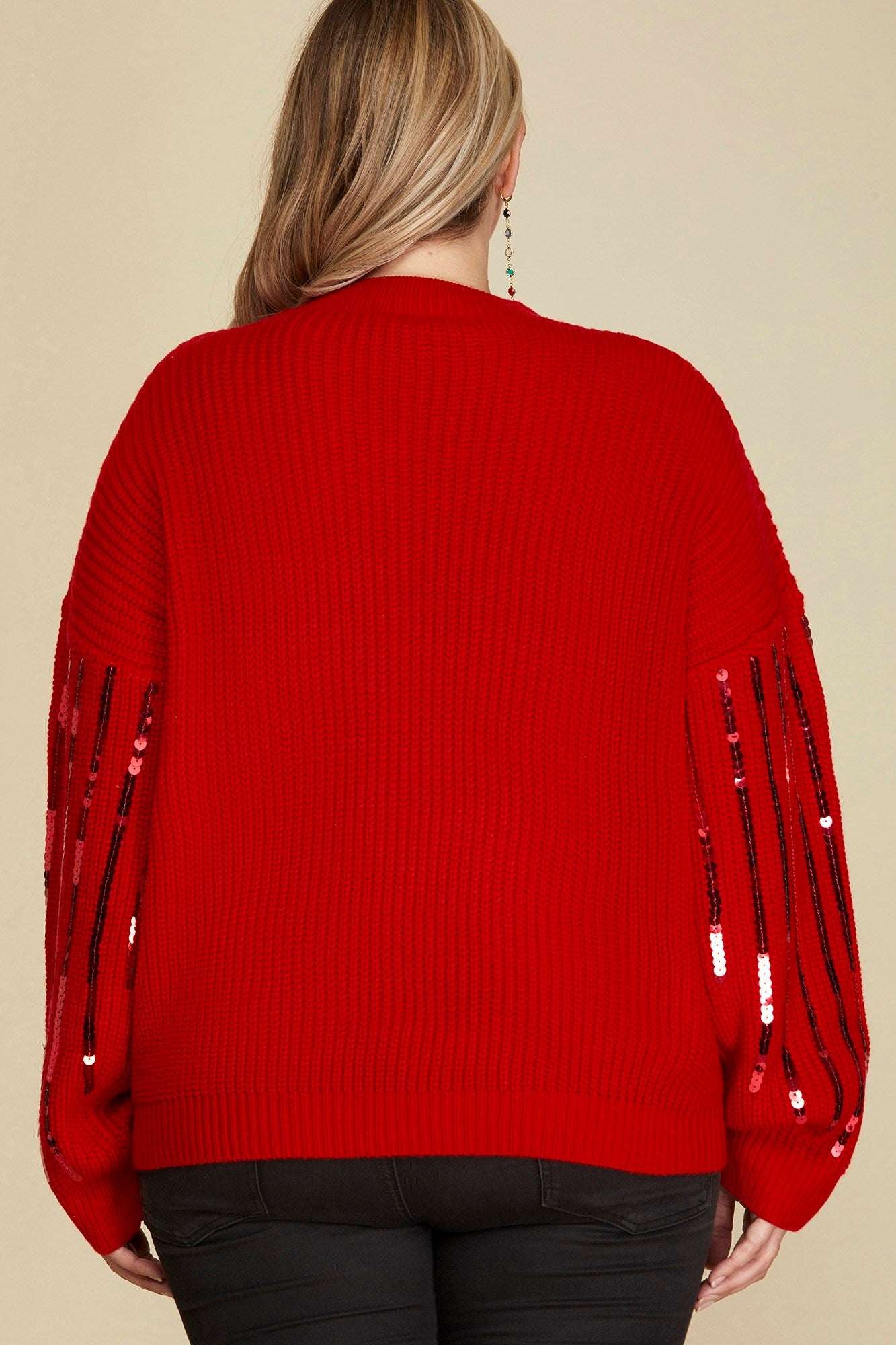 Curvy /Plus Long Sleeve Sequin Crew Neck Sequin Sweater - RED