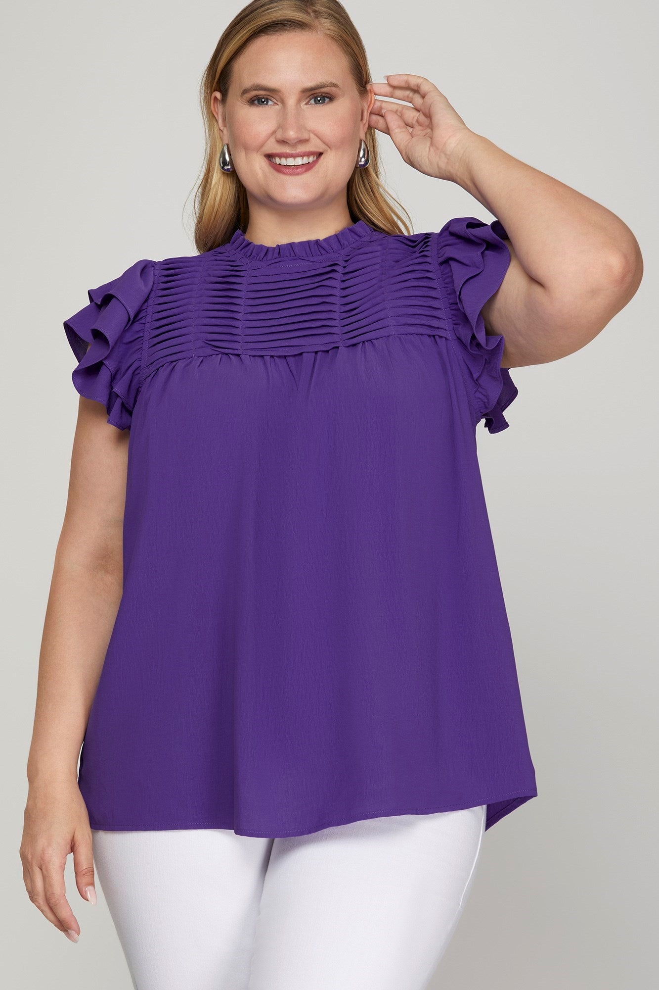 Purple Ruffle Sleeve Pleated Woven Top