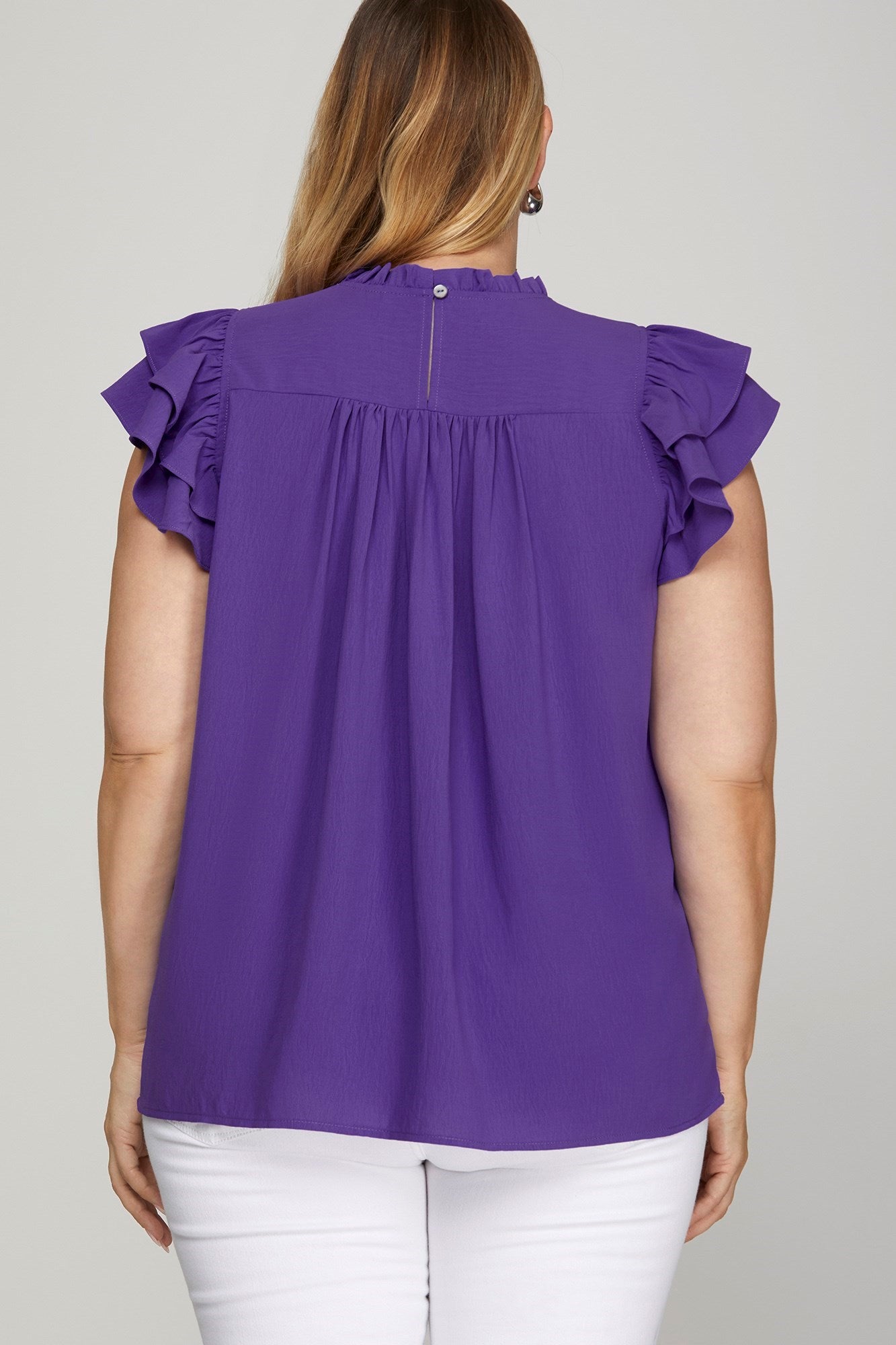 Purple Ruffle Sleeve Pleated Woven Top