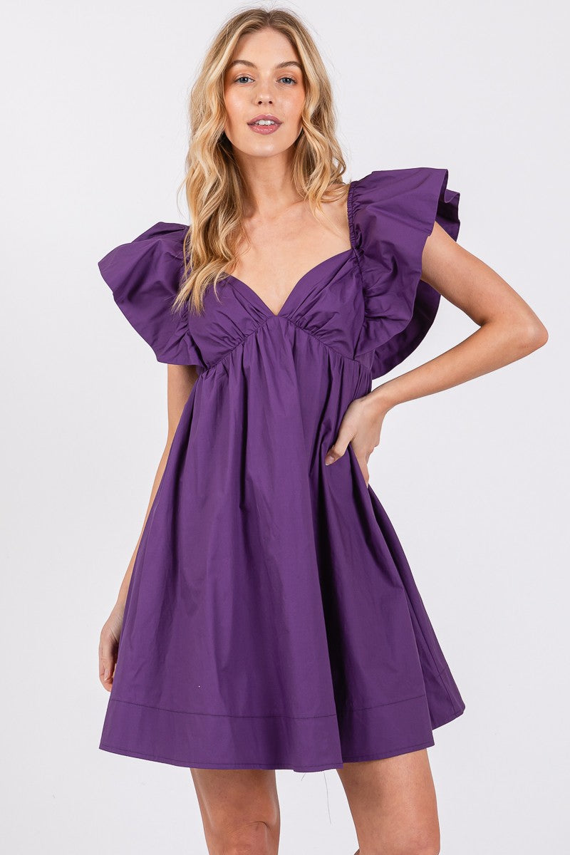 Poplin Ruffle Sleeve Tie Back Dress